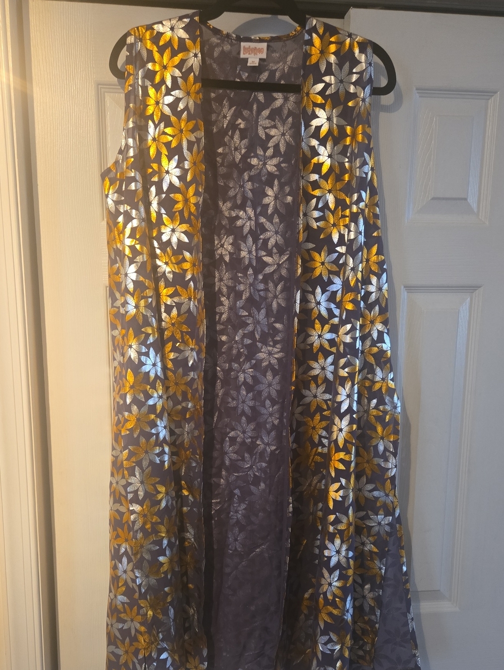 LuLaRoe Metallic Floral Open Vest - Gold & Silver on Purple